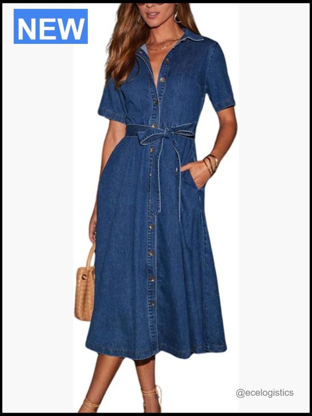 Midi Denim Shirt Dress with Pockets & Removable Belt